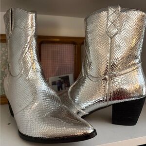 Silver Snakeskin Western Ankle Boots – Block Heel Statement Booties